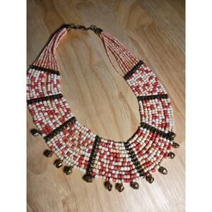 Red & White Beaded Chest Plate Necklace Vintage Hand Made I Believe
